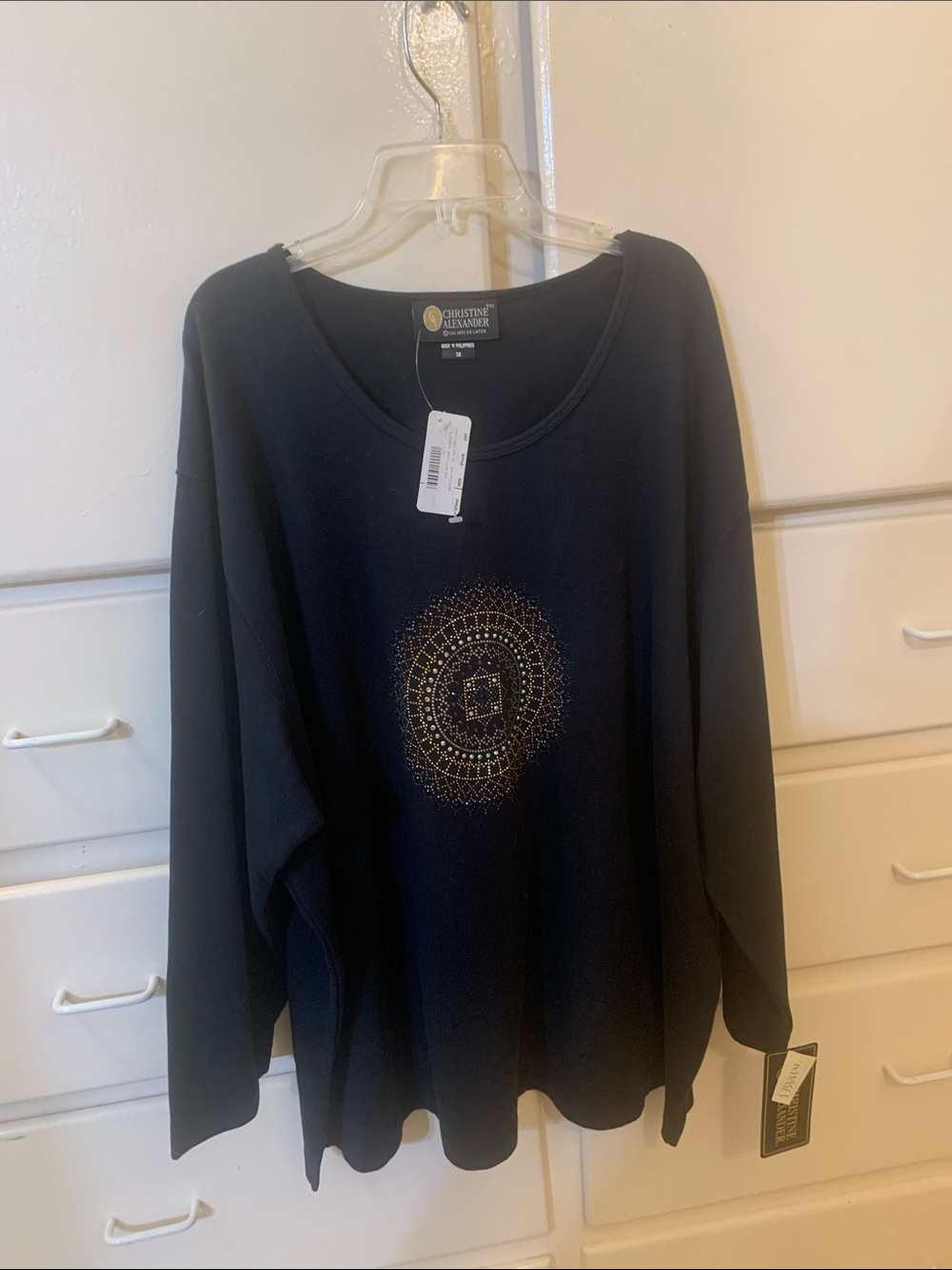 Christine Alexander Black Long-Sleeve Top with Gold Medallion